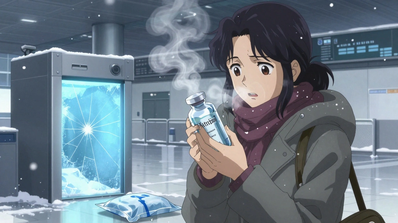 Mujer protege una jeringa de insulina en un aeropuerto helado, con hielo formándose en el vidrio y viento gélido.