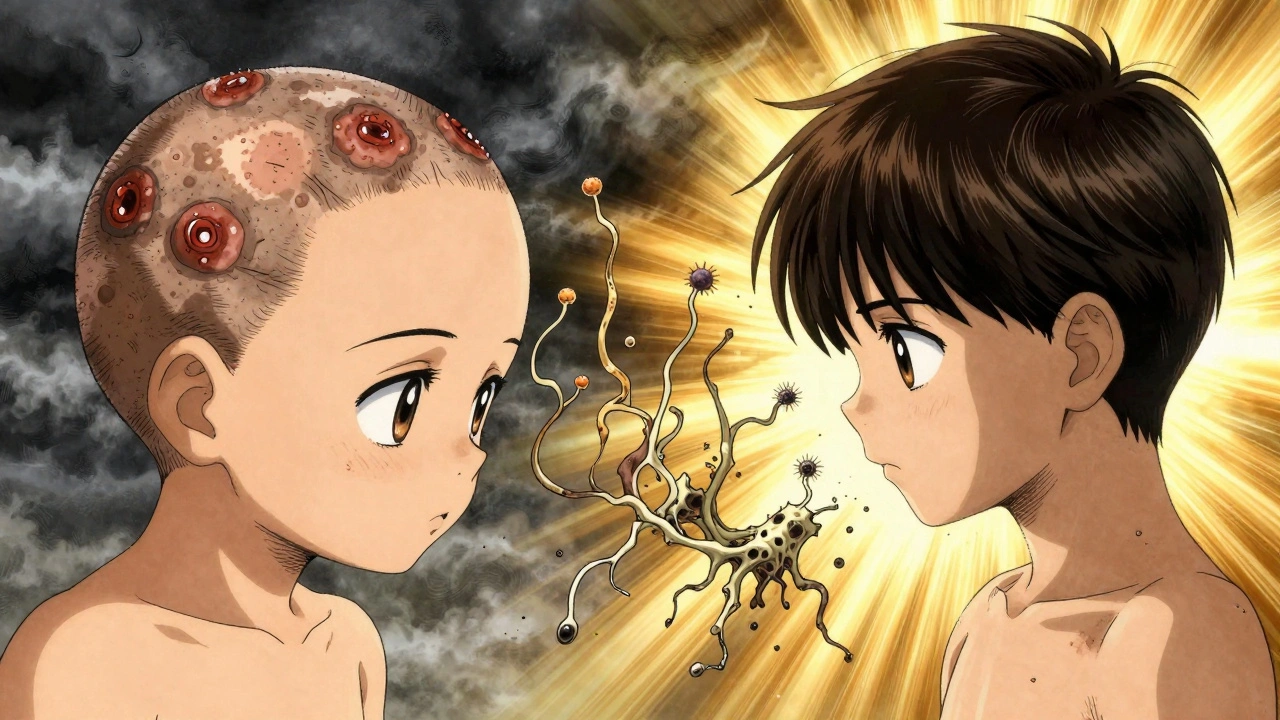 Niño con pérdida de pelo por hongos, luego con cabello regenerado, esporas desintegrándose en luz dorada.