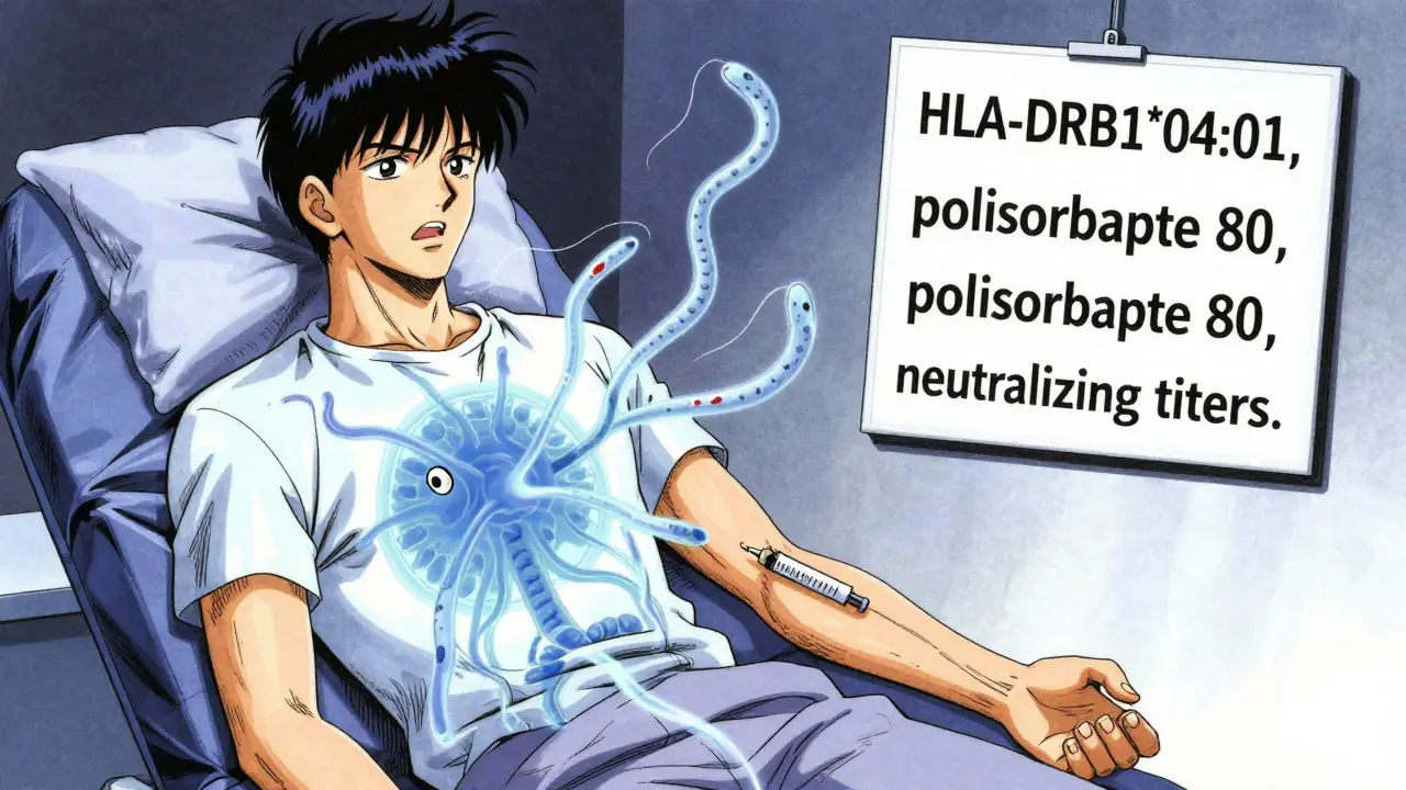 Paciente con sistema inmunitario transparente reaccionando a una inyección de biosimilar, con anticuerpos en forma de serpientes espirales.