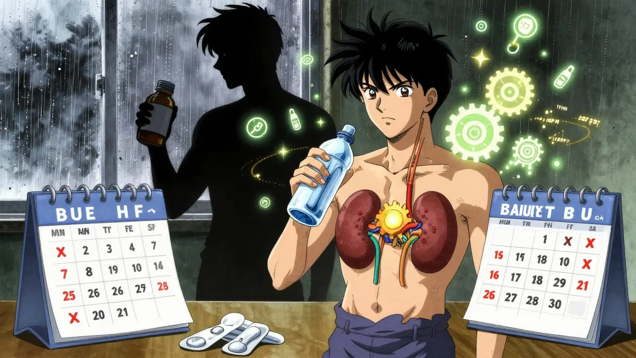 Paciente en casa hidratándose, con sus riñones como engranajes brillantes y biomarcadores flotando como runas.