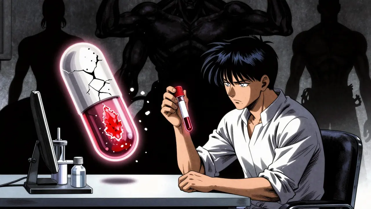 Paciente sosteniendo un tubo de sangre con cristales de ácido úrico, pastillas flotando al lado.