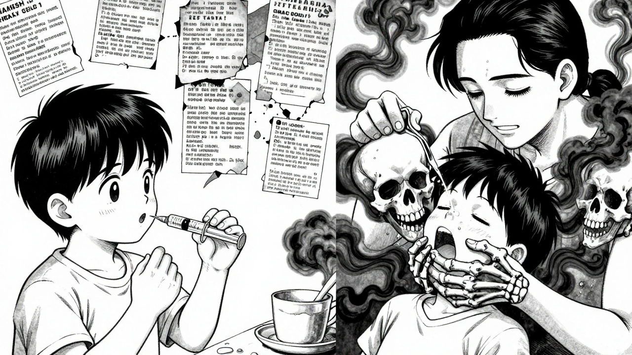 Padre da medicina líquida con cuchara mientras sombras esqueléticas amenazan al niño.