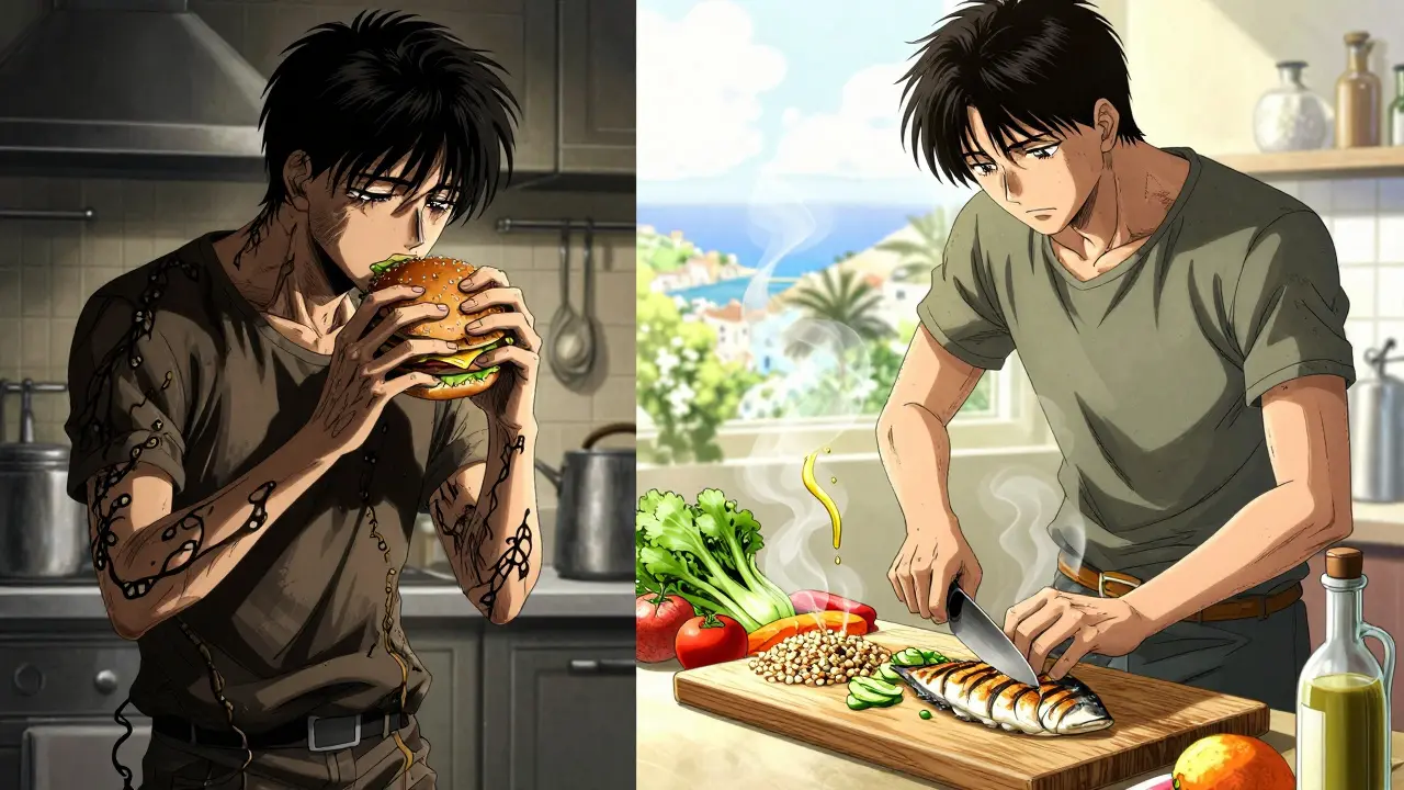 Persona en dos escenas: una con comida chatarra en sombra, otra cocinando verduras y pescado en luz dorada, estilo anime Miura.