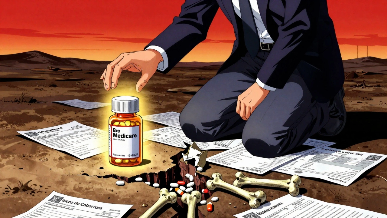 Persona en un paisaje desolado con botellas de medicamentos, una con luz dorada y otra en sombra, bajo un cielo rojo.