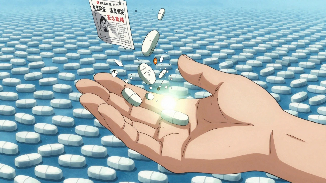 Píldora genérica disolviéndose en la mano de un paciente, mientras caen sombras de publicidad y patentes.
