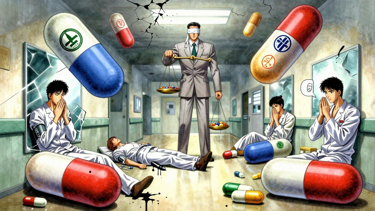 Píldoras gigantes flotan en un corredor hospitalario, cada una marcada con símbolos religiosos y culturales.