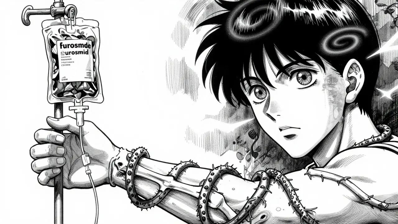 Pulso de paciente con gotero y enredaderas de fibra y regaliz drenando potasio, visión borrosa y halos de luz.