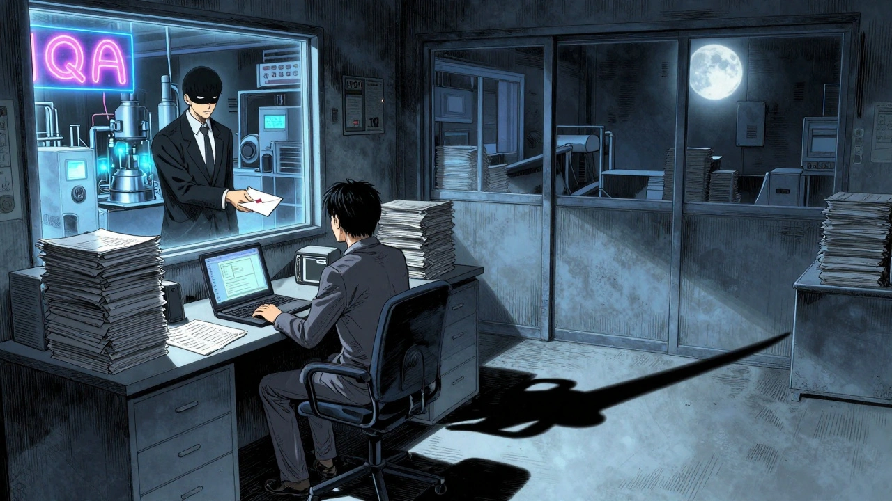 Un auditor externo entrega un documento de calidad a un inspector en una oficina pequeña, con producción al fondo.