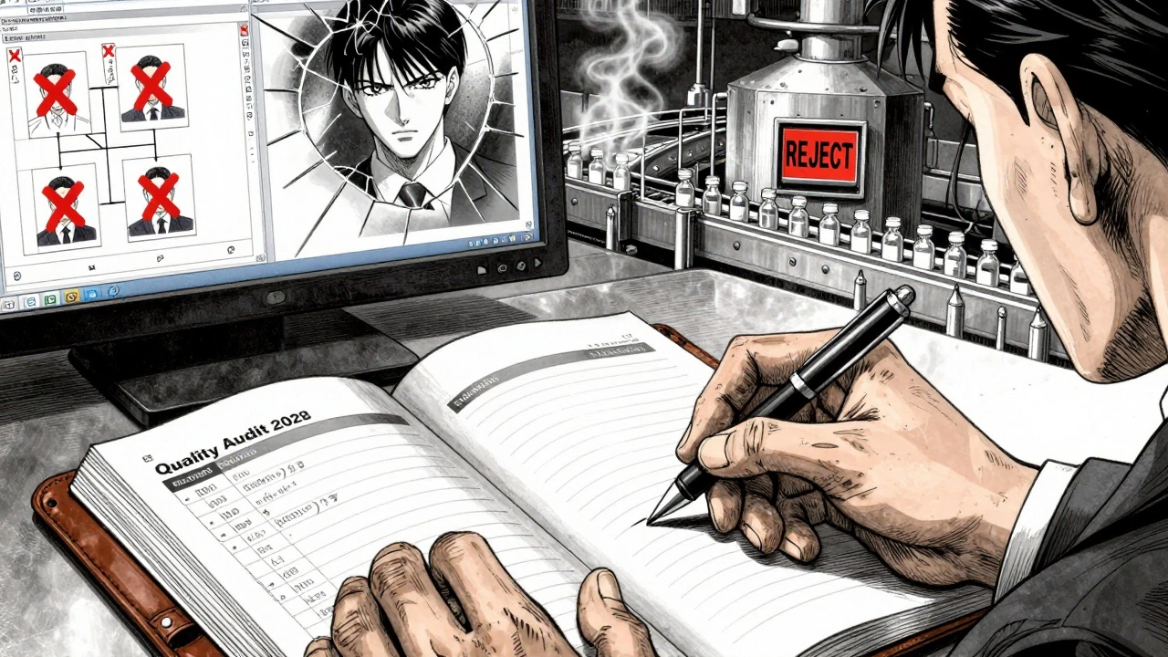 Un experto en aseguramiento de calidad revisa un registro con datos de lotes rechazados, bajo luces frías.