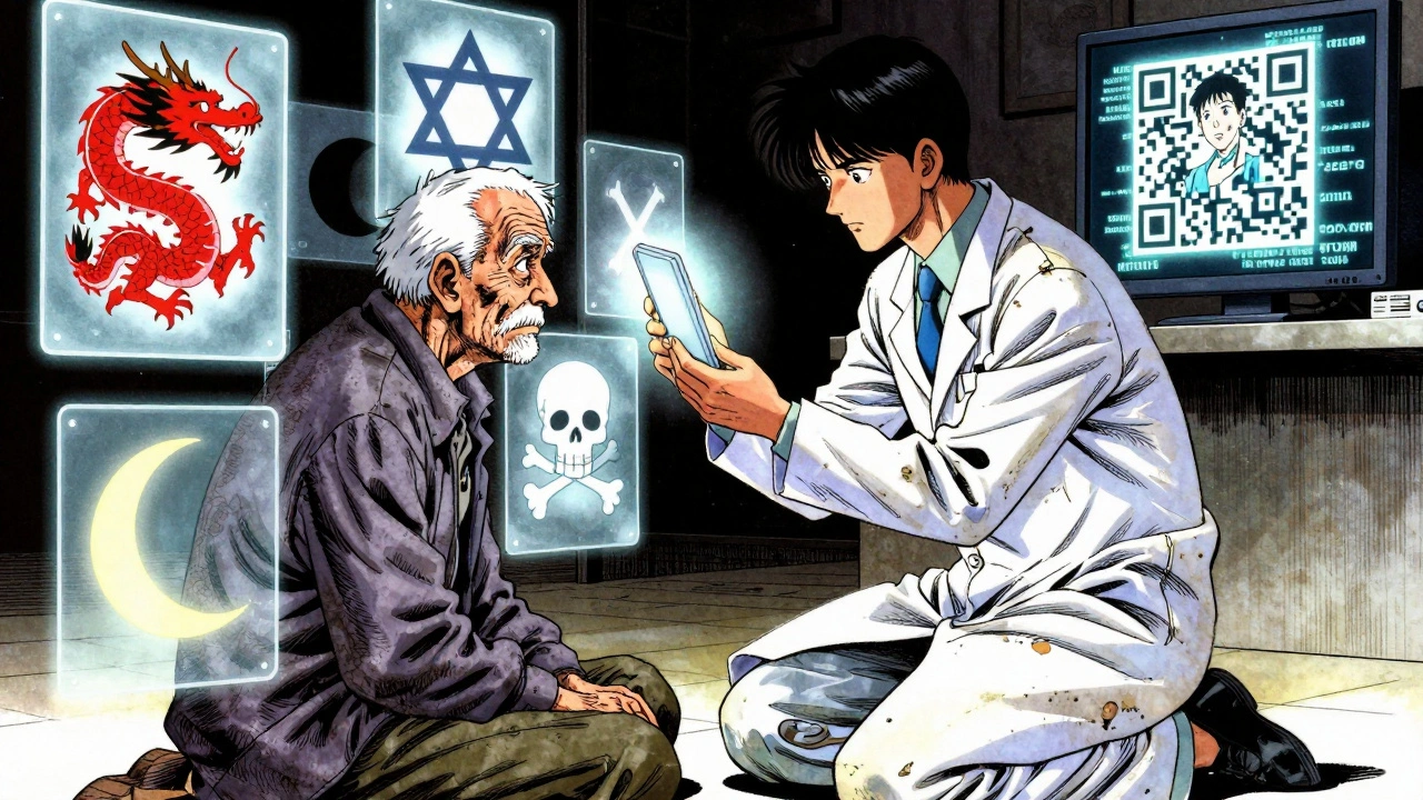 Un farmacéutico muestra una pastilla a un paciente mayor, mientras símbolos culturales flotan alrededor.