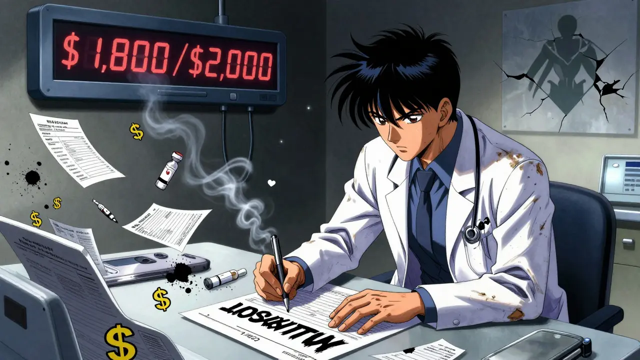 Un médico escribe 'NO SUSTITUIR' en una receta, mientras símbolos médicos y financieros giran en el aire alrededor de ellos.