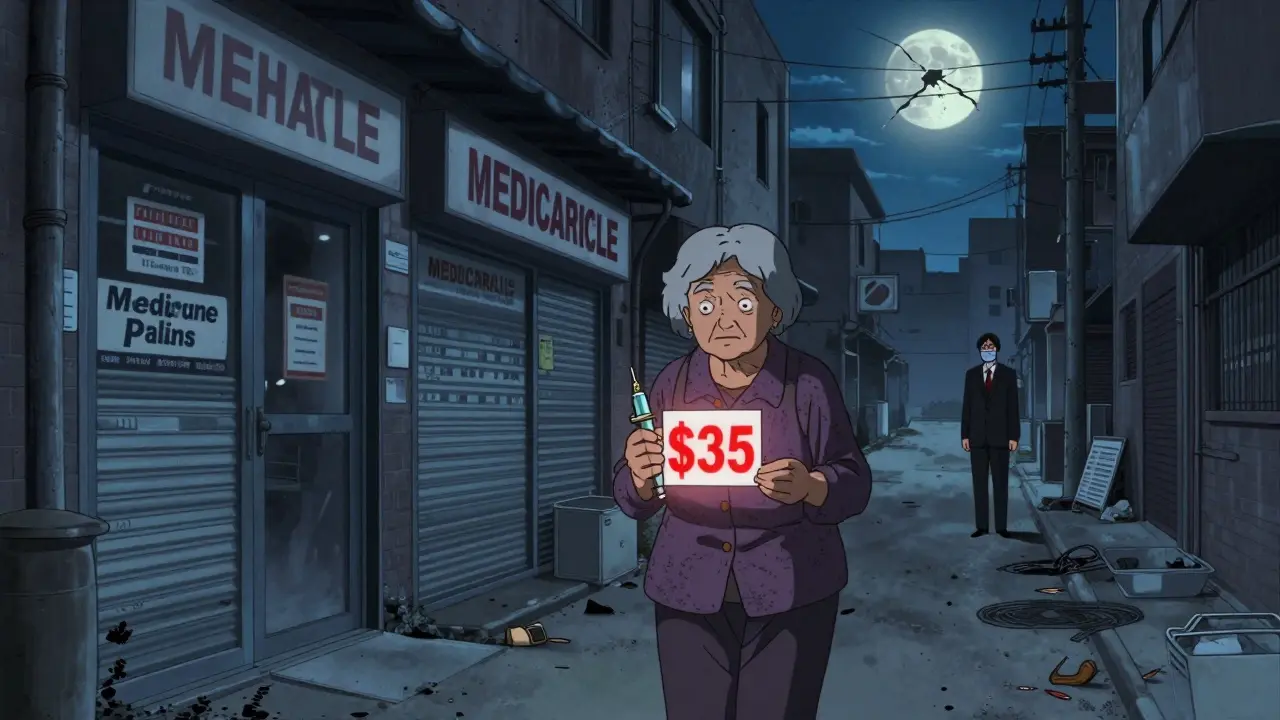 Una mujer mayor camina con su pluma de insulina bajo una luna en forma de frasco, mientras puertas de farmacias se cierran a su espalda.
