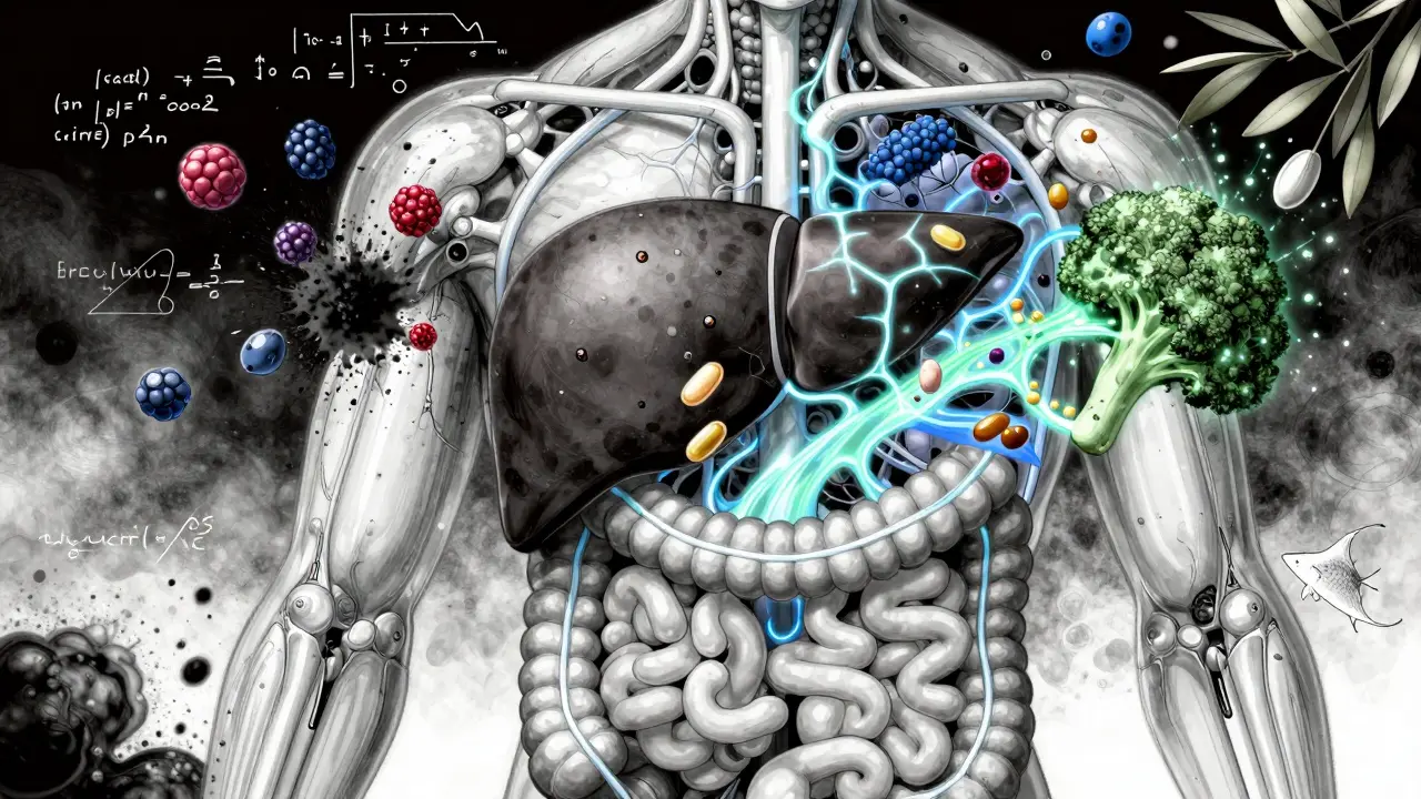 Visión microscópica de nutrientes curativos fluyendo por el hígado y el intestino, con toxinas desintegrándose, estilo anime Miura.