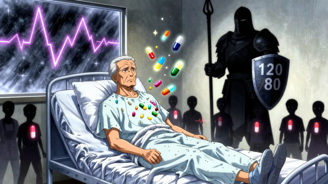 Anciano en cama con pastillas flotantes, su sombra como un caballero con escudo de presión arterial, tormenta detrás.