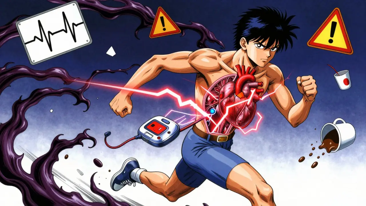 Atleta corriendo con un rayo eléctrico en los ventrículos y un desfibrilador emitiendo una descarga.