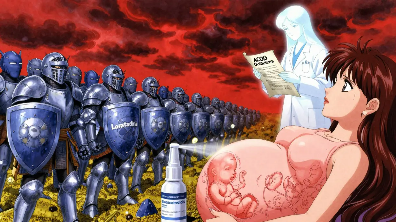 Batalla simbólica en la nariz de una embarazada entre medicamentos seguros y alérgenos como monstruos.