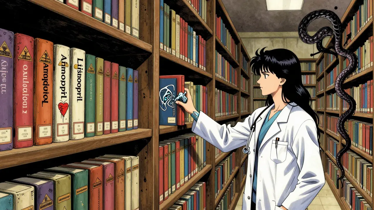 Biblioteca de libros con portadas de hueso, líquido que se convierte en símbolos de efectos secundarios y combinaciones peligrosas.