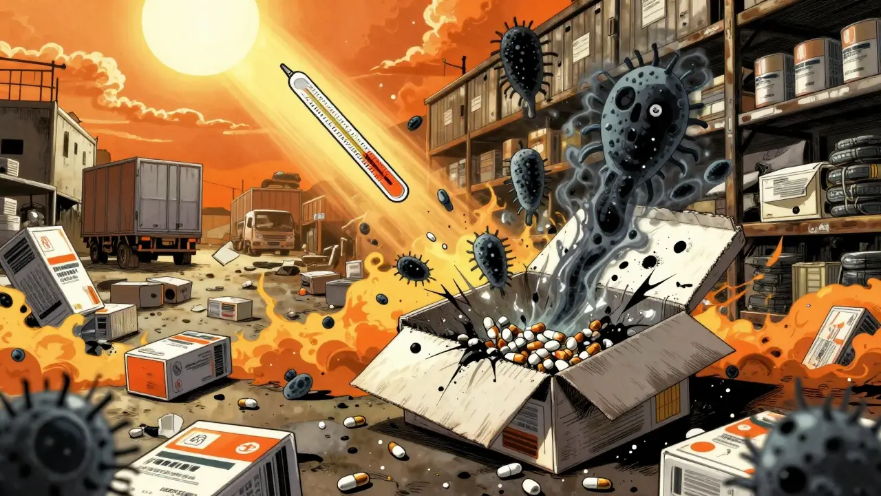 Cajas de medicamentos expuestas al sol en un almacén caliente, con píldoras desmoronándose y bacterias fantasmales.