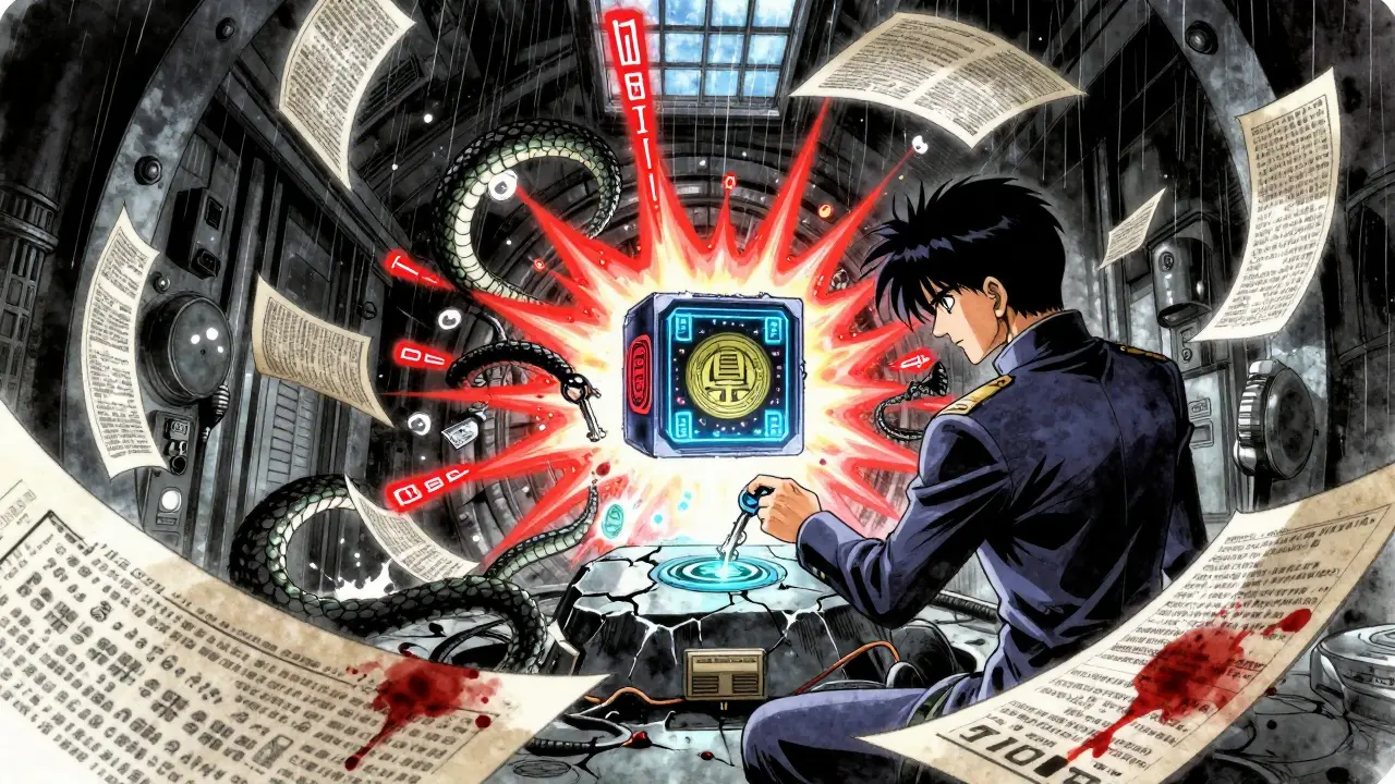 Cámara subterránea con contratos de deuda holográficos y un núcleo de blockchain brillante.