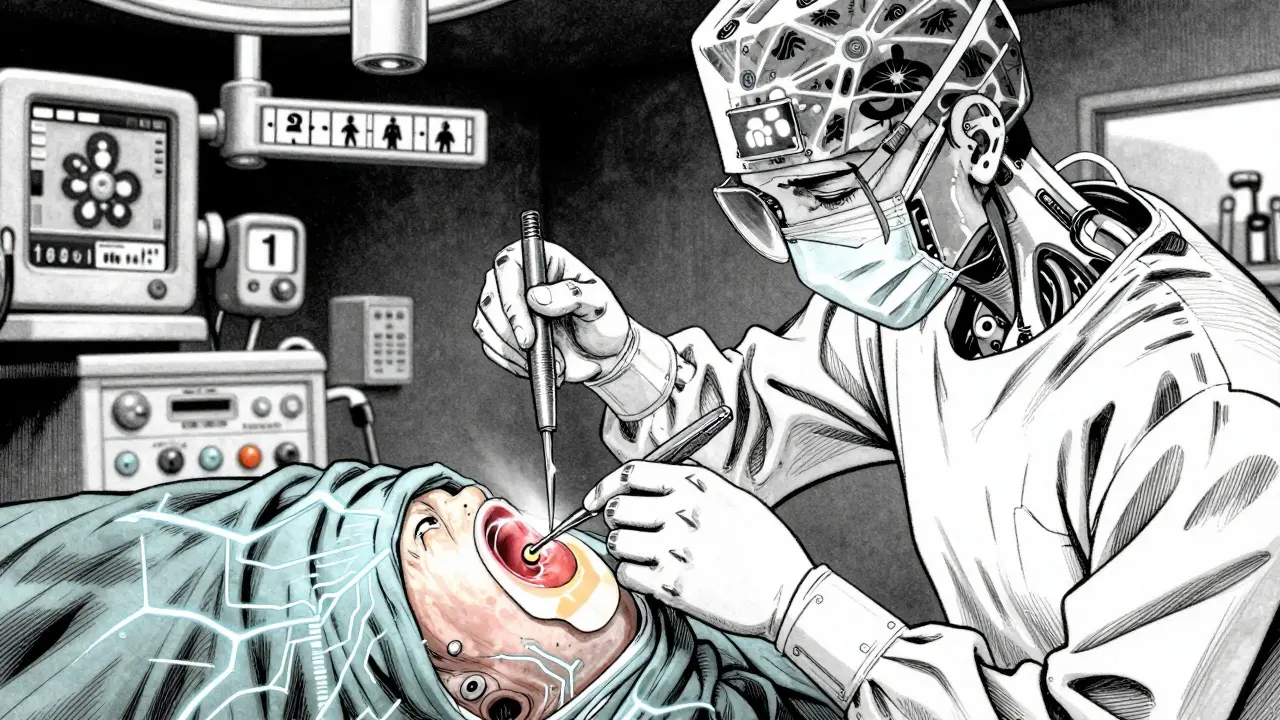 Cirujano aplicando un parche microscópico sobre un tímpano perforado con energía azul.