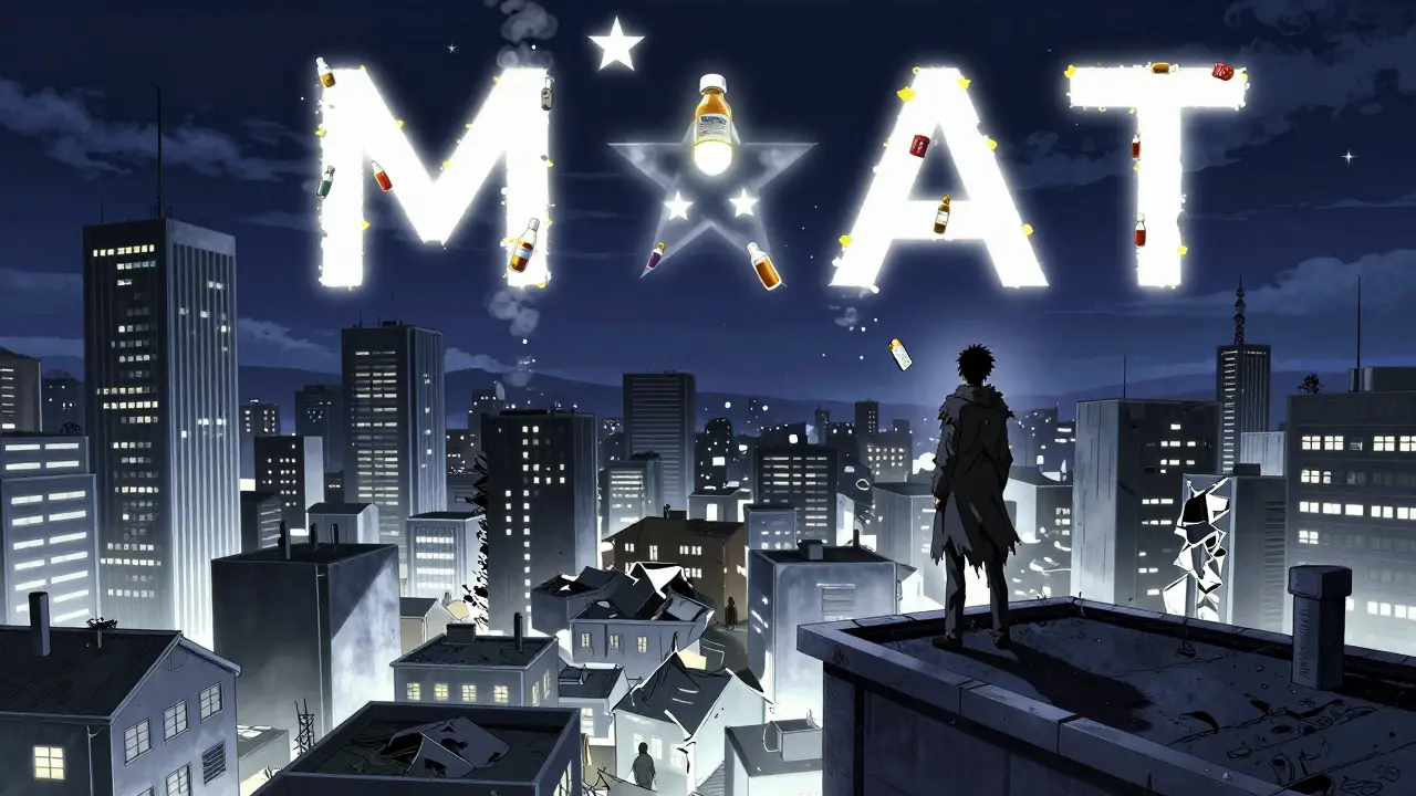 Ciudad nocturna con rascacielos farmacéuticos y ciudadanos intentando alcanzar medicamentos que se desvanecen.