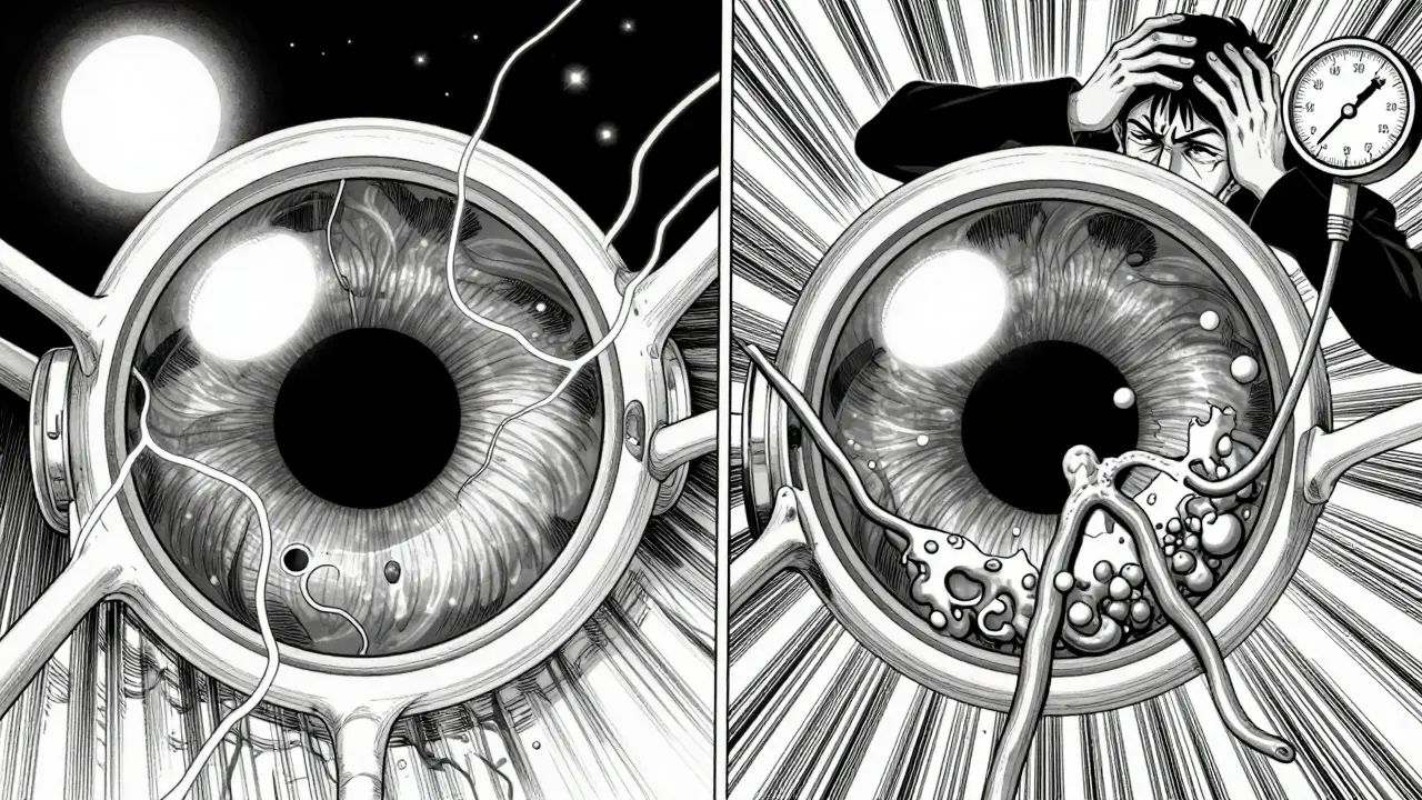 Comparación visual entre retina sana y dañada por presión arterial alta, en estilo de cómic oscuro y detallado.