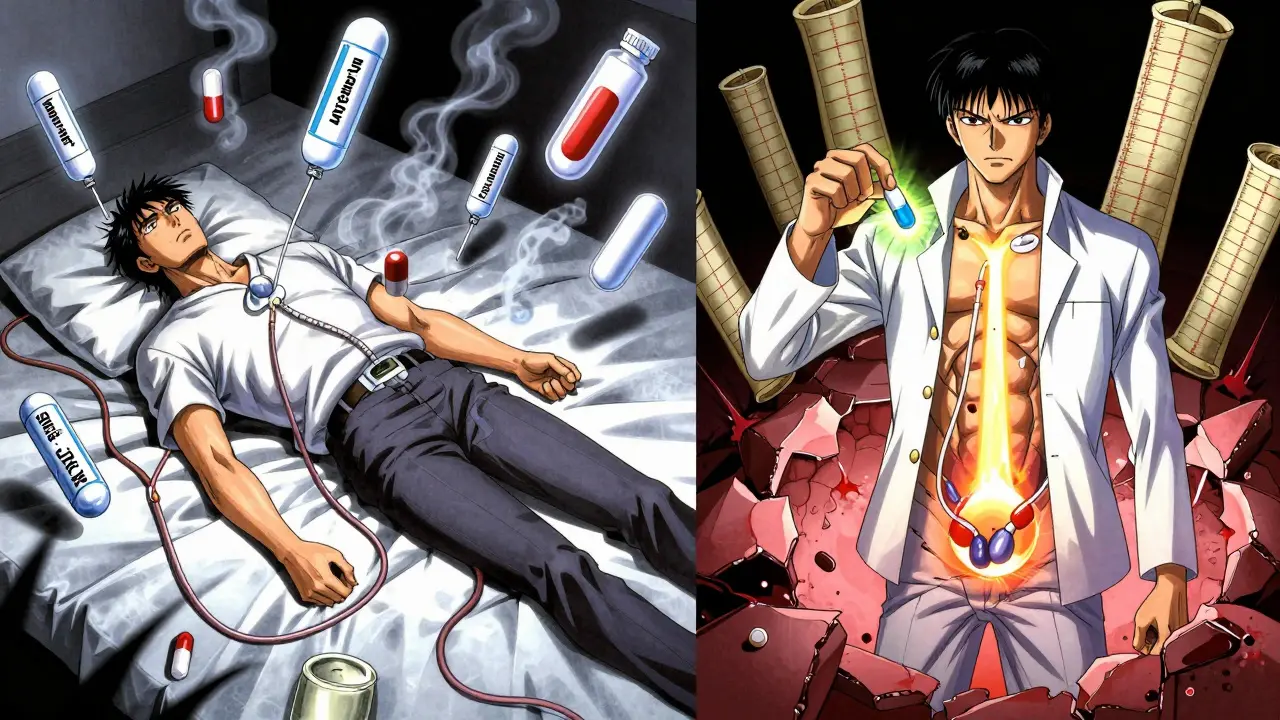 Comparación visual: hombre con catéter rodeado de píldoras peligrosas frente a otro que supera la obstrucción con un medicamento seguro.