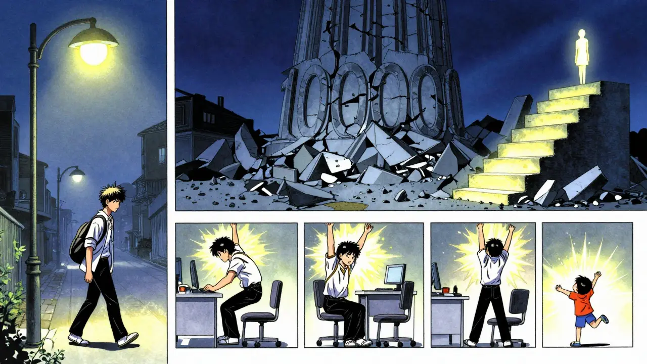 Escena dividida: caminata larga vs. movimientos diarios, con monumento de 10.000 pasos derrumbado.