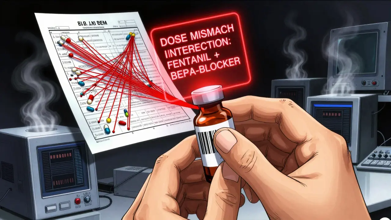 Farmacéutico escaneando un medicamento mientras una advertencia digital roja destaca interacciones peligrosas.