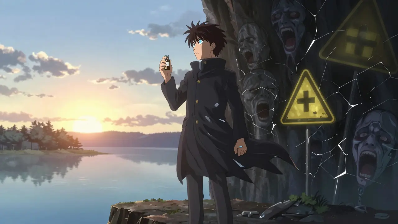 Figura en un acantilado sosteniendo rhodiola y una pastilla antidepresiva, cielo dividido entre paz y caos médico.