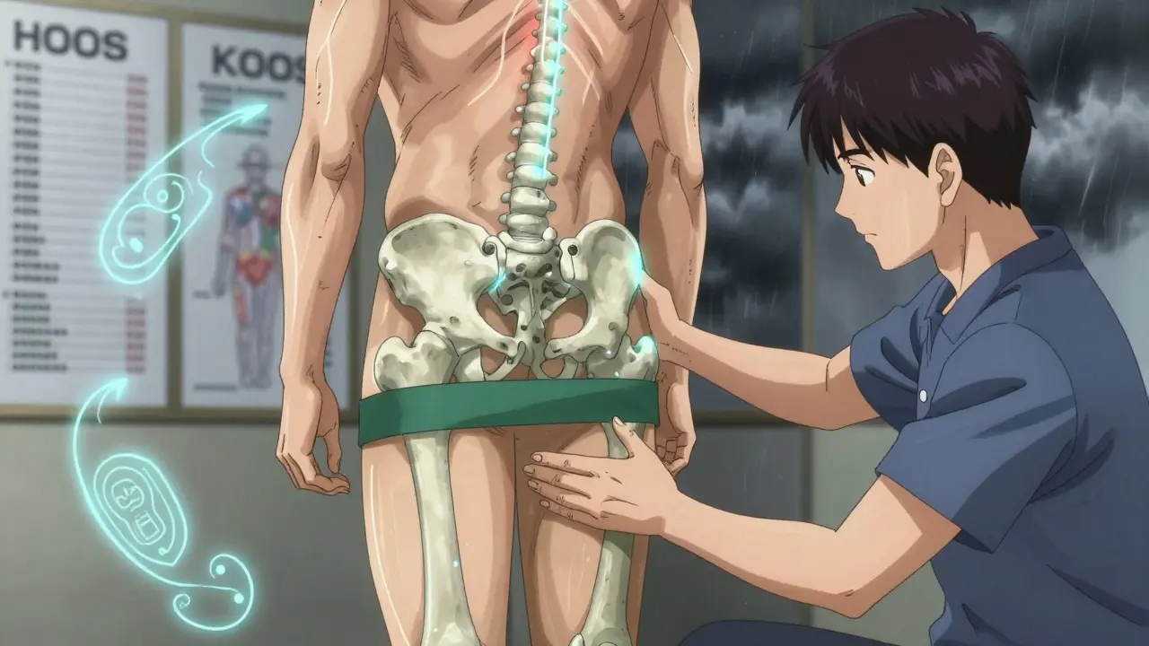 Fisioterapeuta guía a paciente en abducción de cadera, líneas biomecánicas iluminadas destacan alineación perfecta.