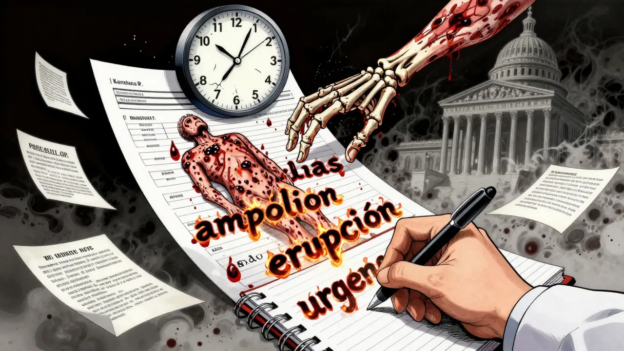 Hoja médica transformada en manos esqueléticas, médico escribiendo advertencias con letras ardientes.