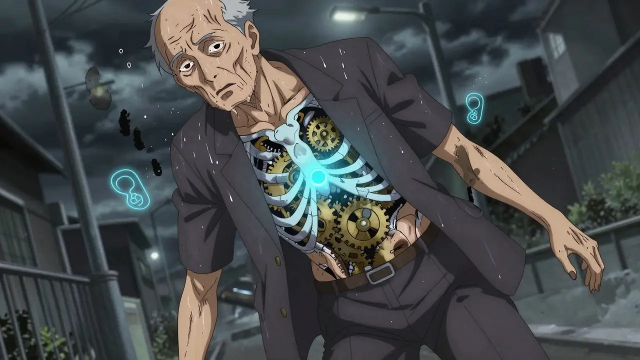 Hombre mayor desmayándose con un marcapasos brillante visible en su pecho y engranajes lentos dentro del corazón.