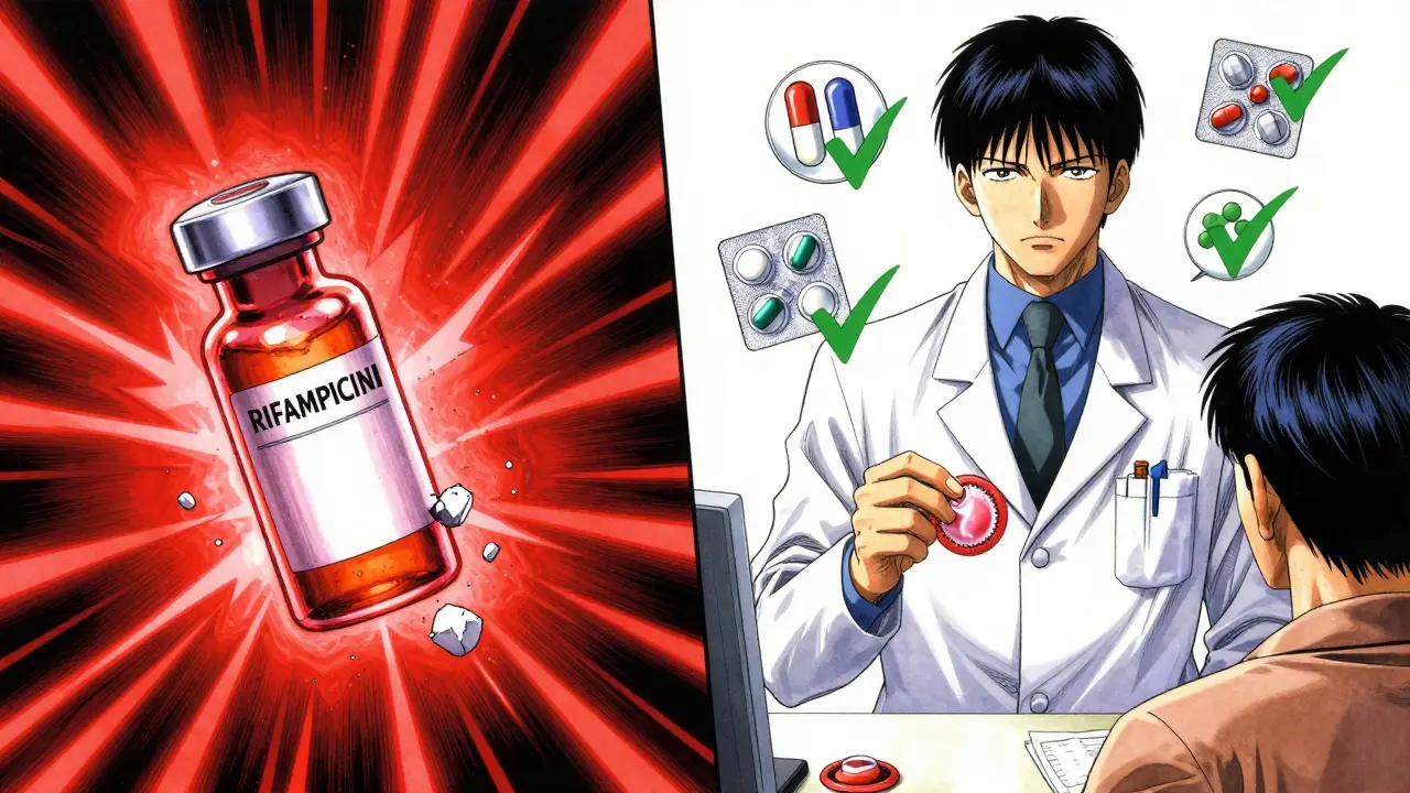 Ilustración dividida: un antibiótico peligroso destruye una píldora mientras otros son seguros, con iconos médicos flotantes.