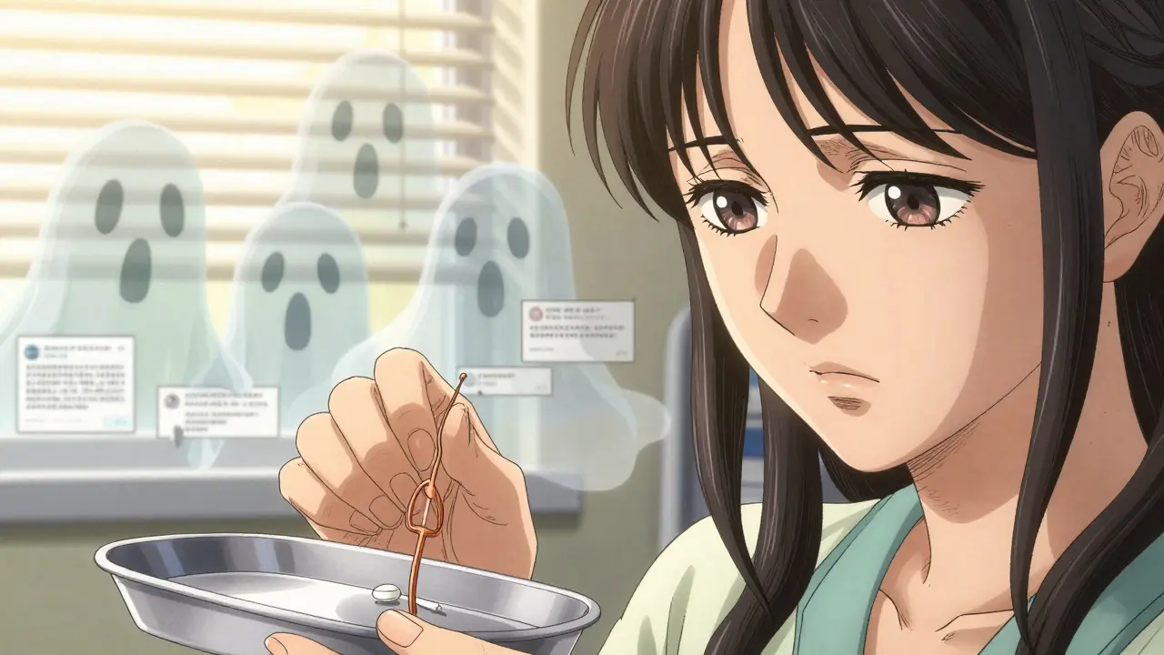 Mano colocando un DIU de cobre junto a una píldora, mientras fantasmas de desinformación se desvanecen en humo.