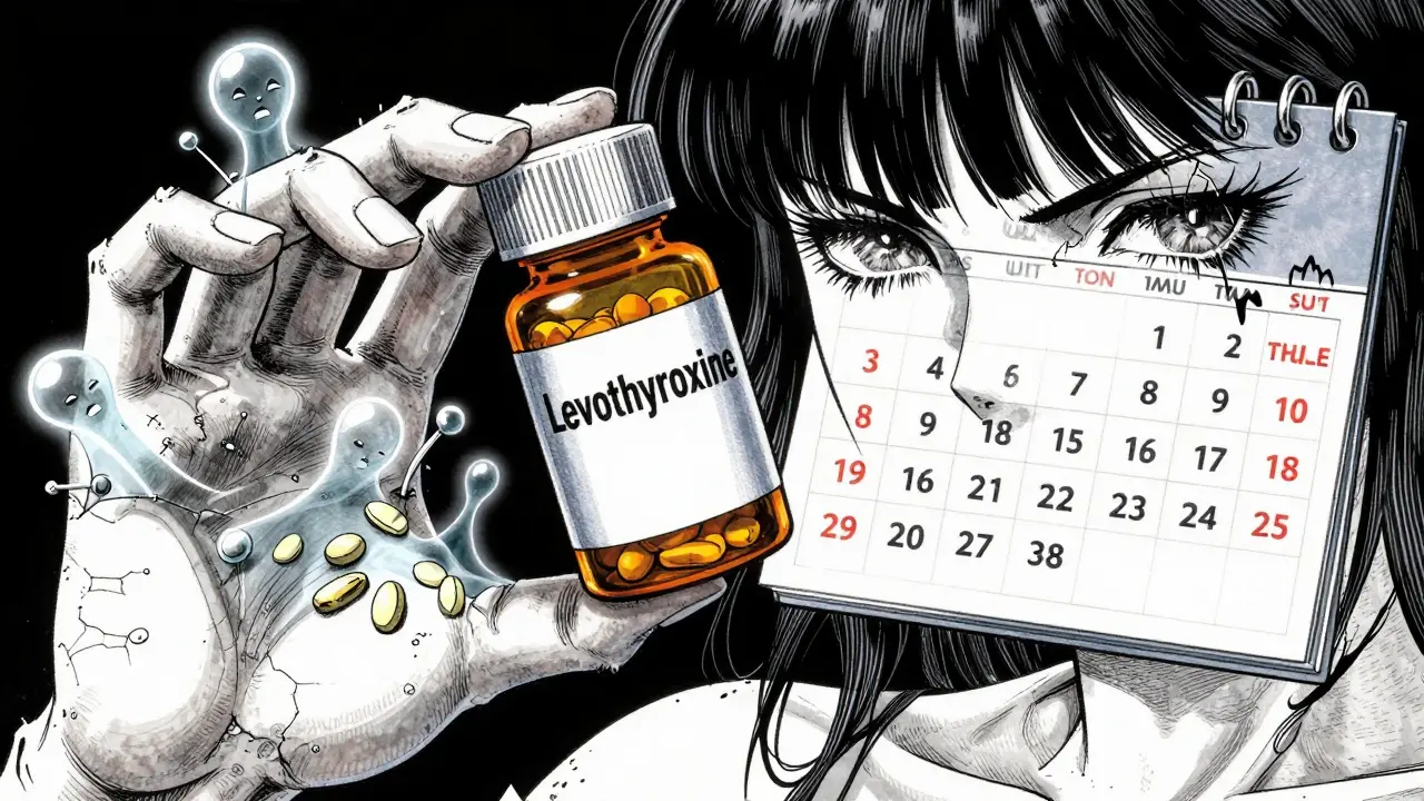 Mano sosteniendo pastilla de levotiroxina, con moléculas de gluten y biotina adheridas a la sangre, piel agrietada.