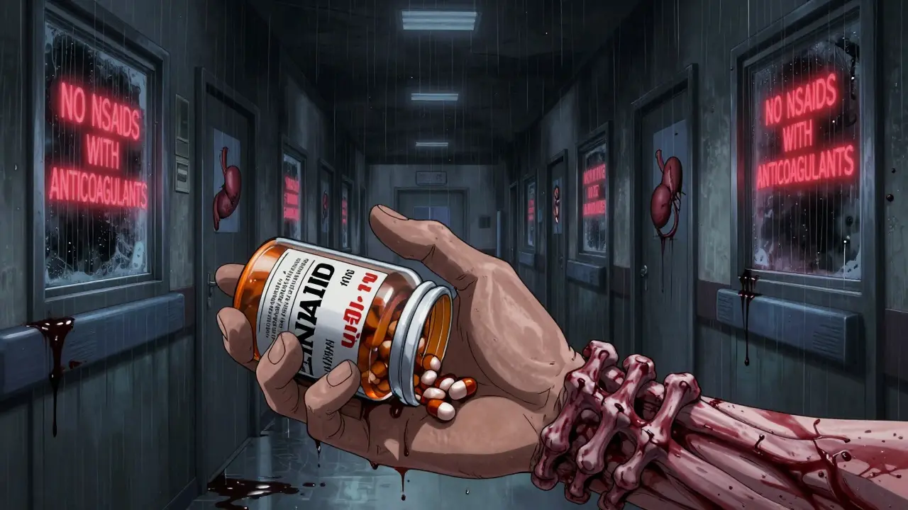 Mano sosteniendo pastillas de NSAID mientras una mano esquelética de sangre la agarra desde dentro del frasco.