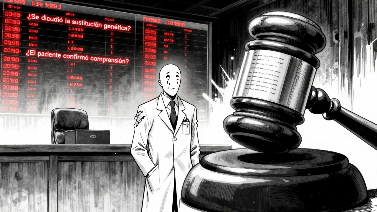 Médico en tribunal frente a un gavel hecho de botellas farmacéuticas y registros electrónicos.