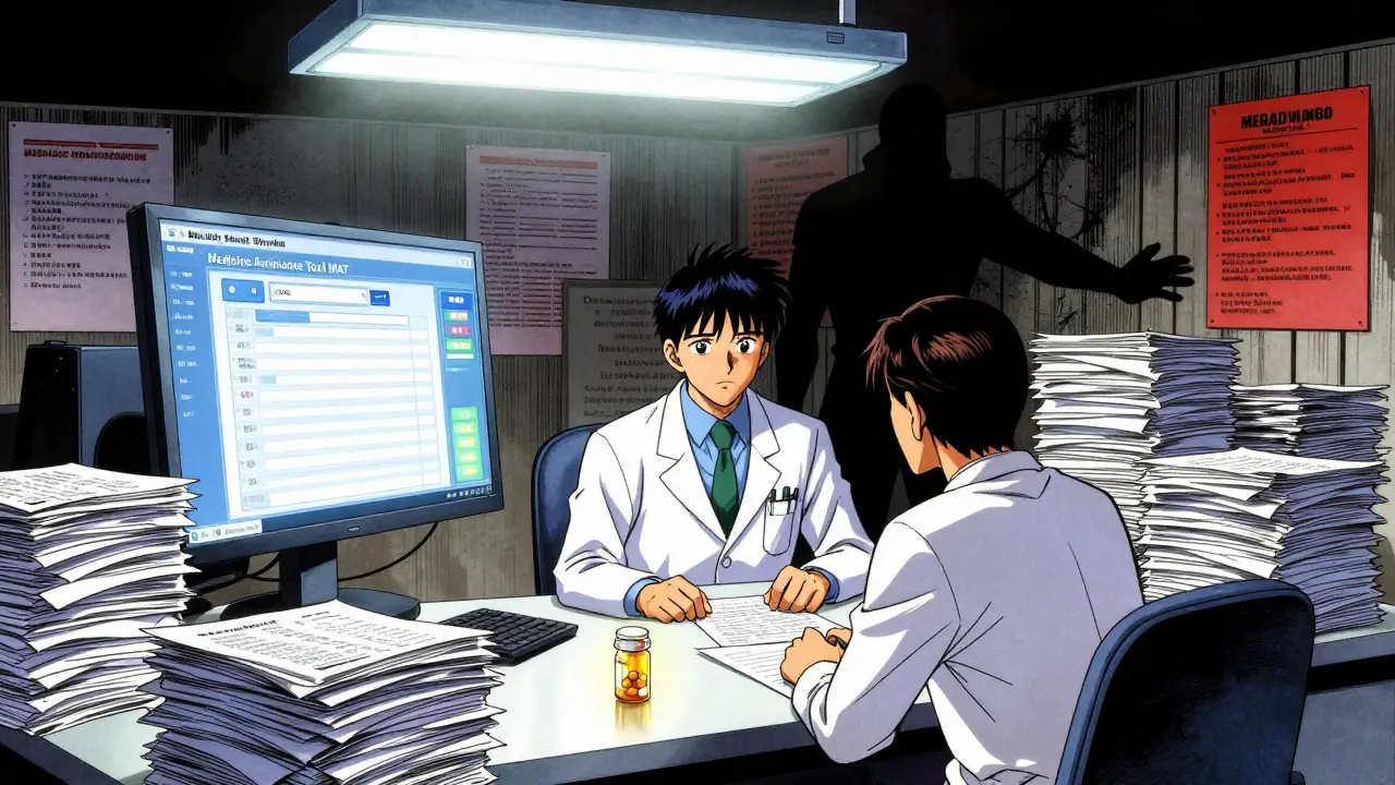 Médico y paciente rodeados de papeles, pantalla de ayuda médica y sombra de burocracia.