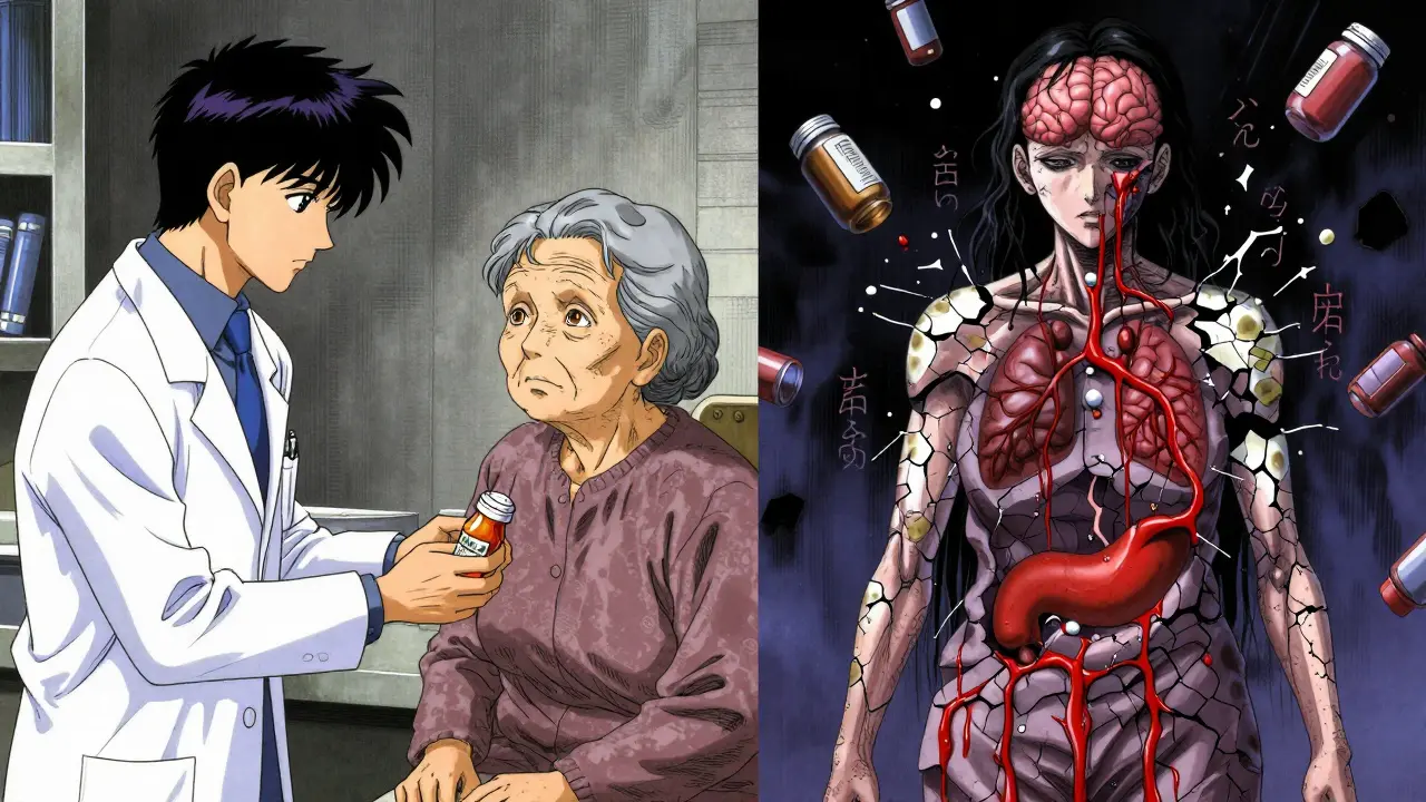 Mujer mayor recibiendo paracetamol mientras su cuerpo se fractura en visiones de hemorragias internas.