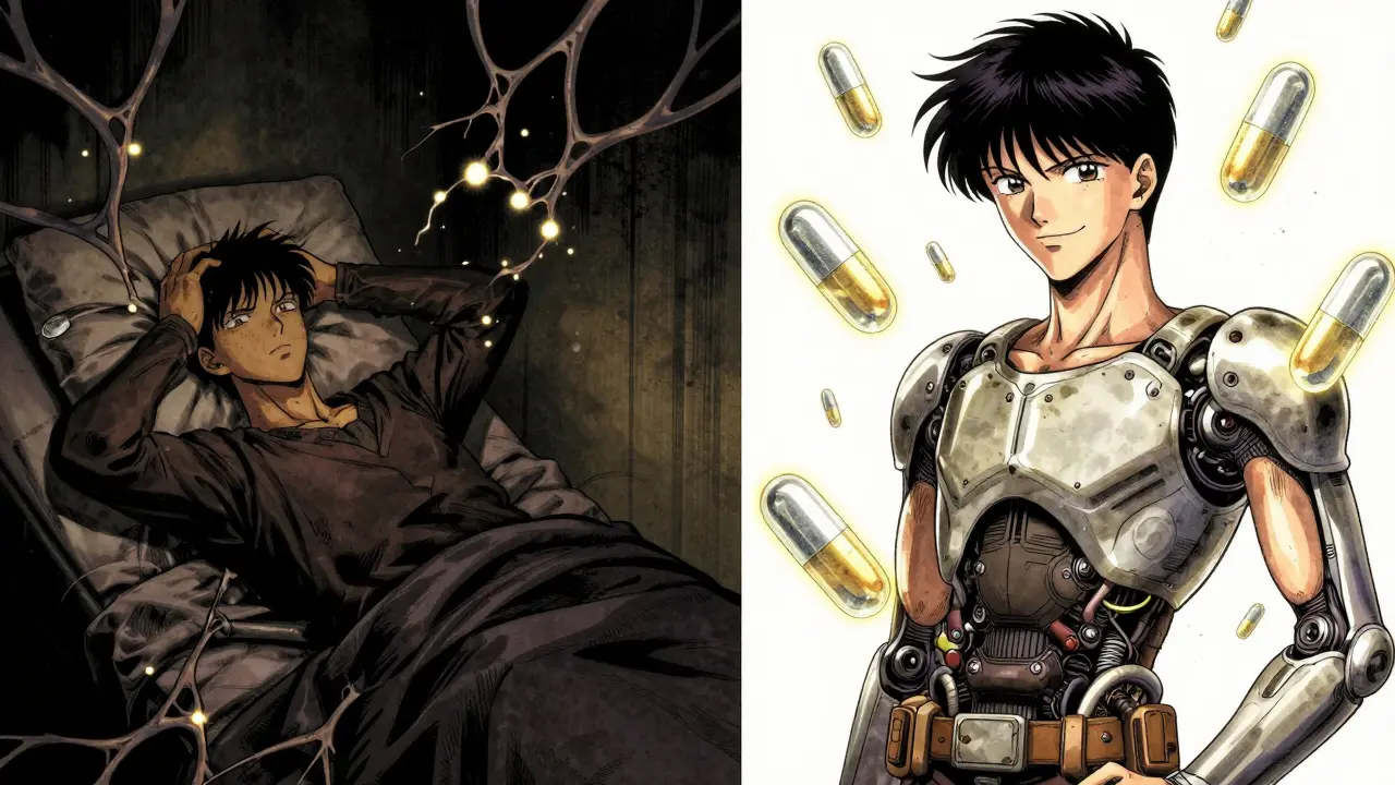 Paciente con migraña transformándose de la oscuridad a la luz, con pastillas flotantes como amuletos protectores.