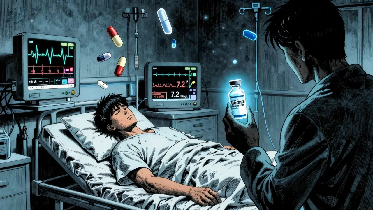 Paciente en cama con monitores de ECG distorsionados y píldoras flotantes en una habitación de hospital.