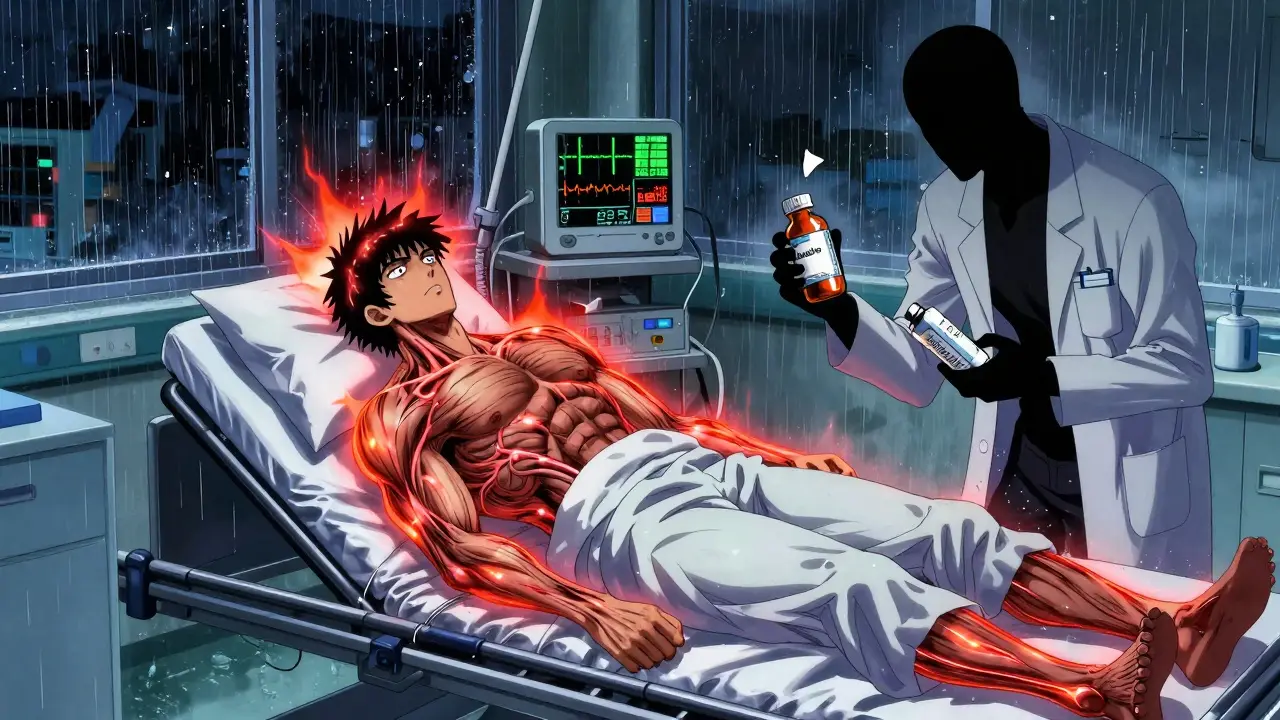Paciente en sala de emergencias con rigidez muscular y aura de fiebre, monitores alerta, botellas de suplemento y medicamento alrededor.
