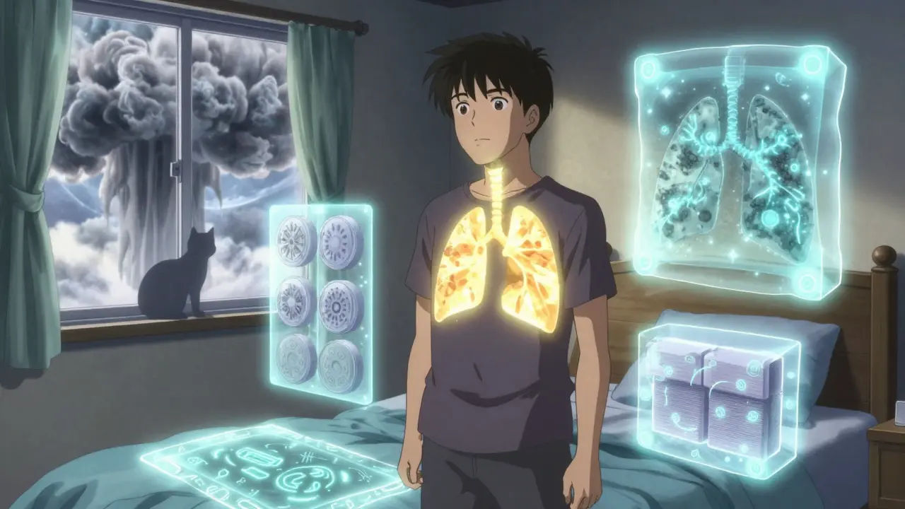 Paciente en su habitación protegida por barreras antialérgicas, con nube de polen al fondo y pulmones iluminados.
