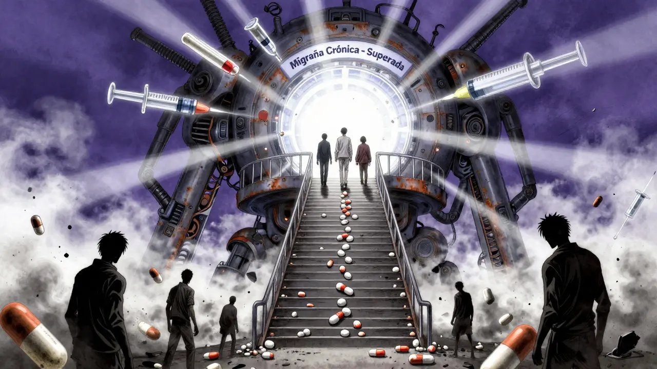 Pacientes subiendo una escalera de medicamentos hacia una puerta de esperanza, mientras fármacos antiguos se desintegran.