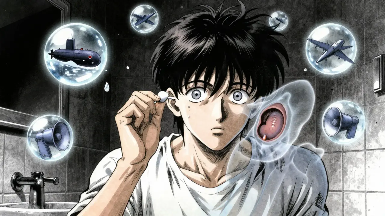 Persona contemplando un tímpano roto como una visión fantasmal mientras sostiene un bastoncillo.