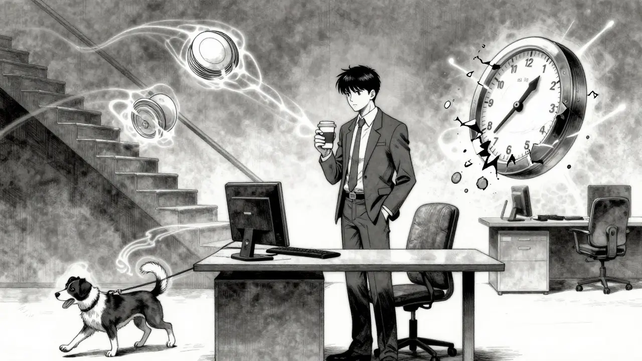 Persona en escritorio de pie rodeada de trayectorias de movimiento cotidiano con energía térmica sutil.