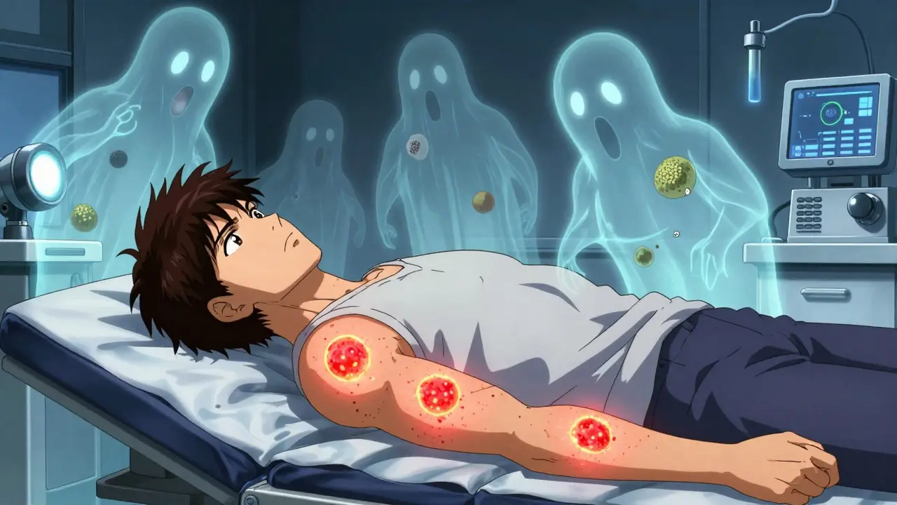 Prueba cutánea de alergia con reacciones brillantes, rodeada de fantasmas de alérgenos flotantes en un entorno médico.