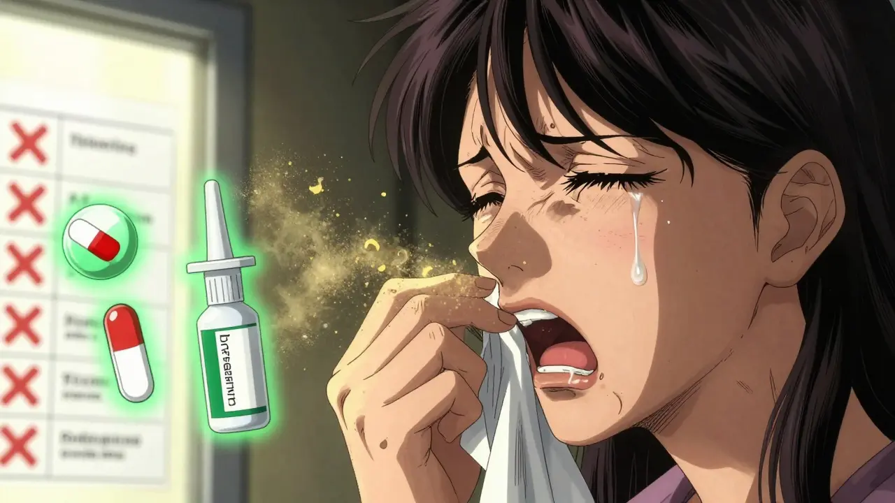 Rostro de mujer con alergia rodeada de partículas de polen y medicamentos seguros brillando en aura verde.