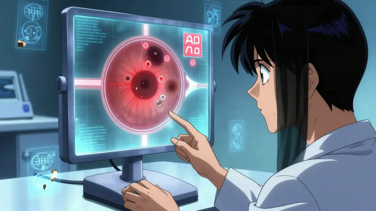 Técnico usando escáner OCT que muestra una retina dañada en holograma, mientras paciente ve cortinas negras en su visión.